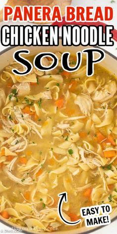 chicken noodle soup in a pan with the title