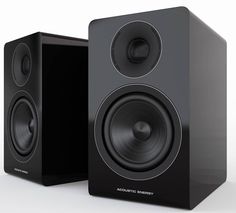 two black speakers sitting next to each other