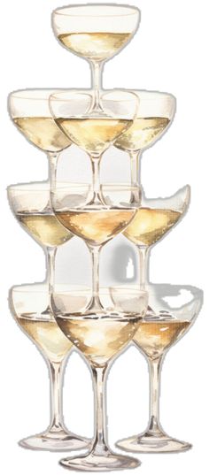 wine glasses stacked on top of each other with white wine in the bottom and one filled