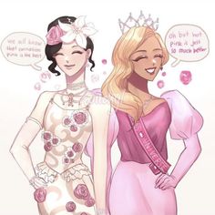 two women in dresses and tiaras standing next to each other with speech bubbles above them