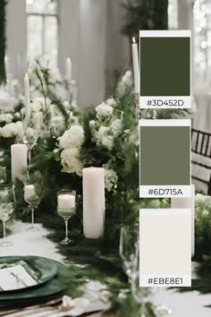 the table is set with candles, flowers and greenery for an elegant wedding reception