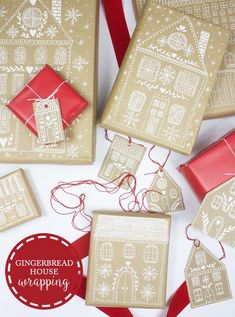 gingerbread house wrapped in brown paper with red ribbon