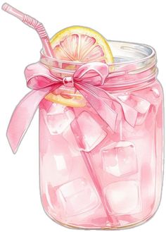 a pink mason jar filled with ice cubes and a lemon slice on the top