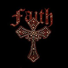 a cross with the word faith written on it in red and gold glitters, against a black background