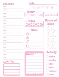 a pink and white printable to do list with the words, water, hours of sleep