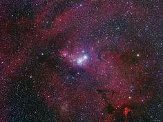 the large magel star in the center of the sky is surrounded by bright red and blue stars