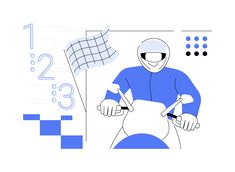 a man in blue is cutting paper with scissors and a checkered flag behind him