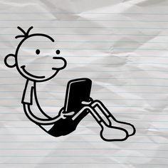 a drawing of a boy holding a cell phone in his hand while sitting on a piece of lined paper