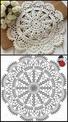 crochet doily is shown with flowers on the side and in the middle