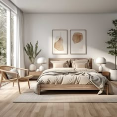 a bedroom with white walls and wooden flooring is pictured in this image, there are two lamps on either side of the bed