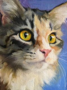 a painting of a cat with yellow eyes