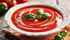 a white bowl filled with tomato soup and garnished with basil leaves on top