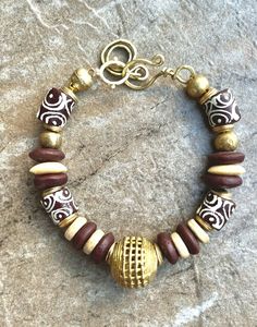 Tribal Boho Bracelet Ghanaian Recycled Glass African Tribal Lost Wax Brass African Glass Beads, African Bead Jewelry, Terracotta Diy, African Beaded Jewelry, African Beaded Bracelets, African Bracelet, Bohemian Chic Jewelry, African Inspired Jewelry, Statement Bracelets