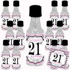 12 personalized 21st birthday water bottle labels with black and pink chevrons on them