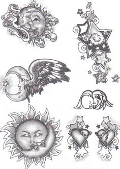 some tattoos that are on the back of a sheet of paper with sun, moon and stars