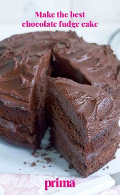 a chocolate fudge cake cut in half on top of a white plate with the words make the best chocolate fudge cake