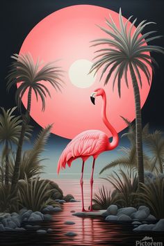 a painting of a pink flamingo standing in the water with palm trees behind it