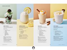 three different types of desserts are shown in this brochure, with information about them