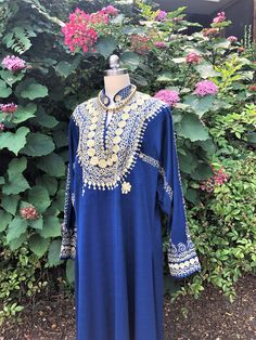 "Thank You If You Favored One of My Items! You Will Receive 10% Off an Item of Your Choice, Unless It Is on Sale, CODE17. Thank You 80's DRESSY MUMU/80's Vintage Kaftan/Vintage Abaya/80's Blue Abaya/Vintage Caftan Dress/Vintage MuMu Dress/Abaya Kaftan/ MINT Condition Circa DRESS MUMU in Royal Blue with Gold Embroidery You Are Currently Viewing a Beautiful Vintage 1980's Blue long Sleeve MuMu Kaftan Abaya Dress. This Dress Features Beautiful Gold Embroidery that is Around the Front and Back Yoke, Bohemian Maxi Length Kurta For Transitional Season, Bohemian Maxi-length Transitional Kurta, Blue Dabka Work Kaftan For Festivals, Blue Bohemian Kaftan With Traditional Drape, Festive Dabka Tunic, Blue Kaftan For Traditional Ceremonies, Bohemian Floor-length Kurta For Traditional Ceremonies, Long Kaftan For Traditional Ceremonies, Blue Bollywood Style Abaya For Eid