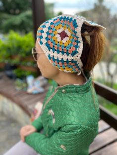 Colorful Bandana, Triangle Hair Scarf, Crochet Bandana, Hair Kerchief, Boho Hair Scarf, Hippie Head Wrap, Cute Bandana, Bohemian Bandana, Knit Bandana, Women Accessory, Granny Square, Summer Hair Scarf, Retro Headband This cute crochet bandana is a very stylish and great product for daily use. Also a great gift for your friends.🎁 Suitable for any head shape. It can be easily adjusted with the string on the back of the bandana. Made of highest quality cotton, and anti allergic yarn. You may clean it with your washing machine with the sensitive mode and 30oC  ( 86oF ) or below temperatures. No Drying. 🫧 Ready to ship in 1-3 days✈️ This handmade hairband, We ship by FREE express shipping after your order is ready.🚀📦 Your tracking number will be provided to you as soon as after the shipmen Bohemian White Headband, Bohemian Bandana Headband For Festival, Multicolor Bandana Headband For The Beach, Bohemian Bandana Styled As Headband For Festivals, Multicolor Bandana Headband For Beach, Handmade One-size Bandana Headband, Multicolor Headband Bandana For Beach, Handmade Bohemian Headwrap, Multicolor One-size Headband For Festivals