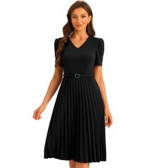 Upgrade your workwear wardrobe with the Allegra K Work Dress and exude confidence and sophistication every day. The pleated detailing adds texture and movement to the dress, adding an extra element of style. Pair it with your favorite heels or flats, add some accessories, and you're ready to conquer the office in style. V-neck Pleated Waist Dress For Work, Formal V-neck Pleated Dress With Pleated Hem, Fitted Pleated Dress With Pleated Hem For Work, Classic Pleated V-neck Dress, Classic Pleated V-neck Midi Dress, Fitted V-neck Pleated Dress With Pleated Sleeves, A-line Pleated Back Dress For Work, V-neck Pleated Dress With Pleated Sleeves For Work, Fitted Pleated Dress For Office