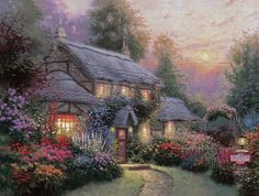 the thomas kinkade jigsaw puzzle features a cottage with flowers and lights