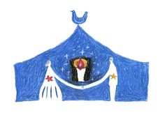 a drawing of two people standing in front of a blue tent with stars on it