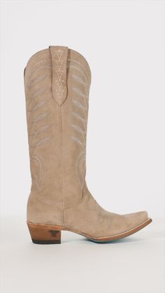 LB0529A-100 SQUASH BLOSSOM - LATTE SUEDE Western Knee-high Boots With Suede Lining For Fall, Lace-up Suede Desert Boots With Textured Sole, Squash Blossom Necklace Vintage, West Desperado, Western Knee-high Boots With Suede Lining, Silver Squash Blossom Necklace, Suede Cowboy Boots, Wedding Boots, Blue Boots