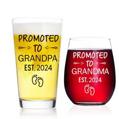 two wine glasses with the words, promote to grandpa est 2012 and proud to grandma est 2024 printed on them