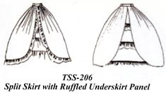 two skirts with ruffled underskirts are shown in black and white, one is drawn