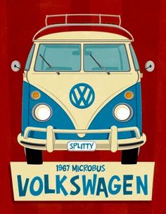 the vw bus is parked in front of a red wall and has a sign that says volkswagen