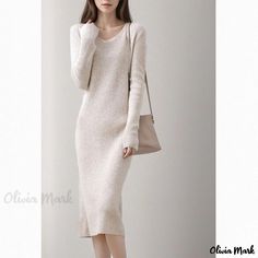 Olivia Mark - Merino Wool Knitted Midi Dress with Slim Fit, Over-the-Knee Length, and Figure-Hugging Design. Elegant Knee Length Dresses, Knee Length Sweater, Merino Wool Dress, Wool Knitted Dress, Bodycon Sweater, Bodycon Sweater Dress, Slim Fit Sweater, Hugging Silhouette, Knee Skirts