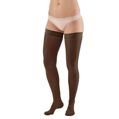 Ames Walker Style 385 Signature Sheer Thigh Highs in 30-40 mmHg are a stylish, medical-grade product! Only at Ames Walker! We've patterned our new products after the top national brands in look, feel, construction, and sizing, so you can order what you usually do, at 1/3 the price. We guarantee you'll love it! You must wear these to really appreciate the value of this product. Features: 30-40 mmHg severe compression Good product for any occupation or at home! Top quality silicone dot top band Re Thigh High Compression Socks, Compression Pantyhose, Knee High Stockings, Compression Stockings, Lace Bands, Sheer Lace Top, Top Band, Black Fishnets, Thigh High Socks