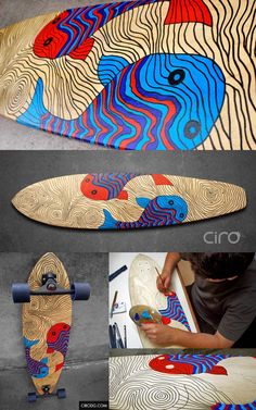 the skateboard is being worked on and painted with different colors, shapes and sizes