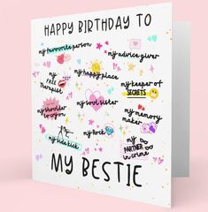 a birthday card with the words happy birthday to my bestie written on it in different languages