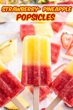 strawberry pineapple popsicles on a stick with text overlay