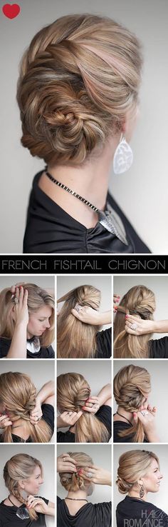 French fishtail chignon Braids French, French Fishtail, Fishtail French Braid, Fishtail Braids, Styles Braids, Chignon Hair, Hair Romance, Braid Hairstyle, Peinados Recogidos