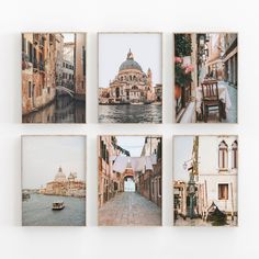 four photographs of buildings and boats are arranged on a white wall in front of the water