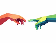 two hands touching each other with different colors on their fingers, one holding the other's hand