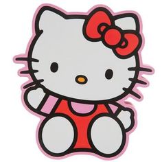 a hello kitty sticker with a red bow on it's head and legs