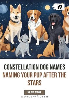 a group of dogs sitting next to each other on top of a blue background with the words constellation dog names naming your pup after the stars