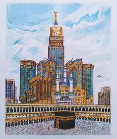 a drawing of a clock tower in the middle of a city with tall buildings behind it