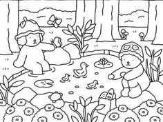 a black and white drawing of two children playing in the grass with ducks, flowers and butterflies