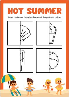 an orange and white printable activity sheet for children to learn how to draw the beach scene