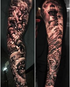 two different views of the same sleeve and arm, one with a lighthouse on it