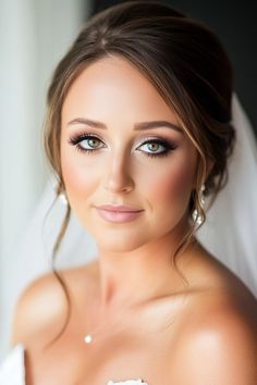 Bride with soft makeup, wearing a white dress and veil, looks directly at the camera. Bride Wedding Makeup Green Eyes, Natural Makeup For Bridesmaid, Elegant Bridal Makeup For Blondes, Bridal Makeup Spring, Wedding Makeup For Round Eyes, Green Eye Bridal Makeup, Makeup Ideas For Maternity Pictures, Bridal Makeup For Brown Eyes Winter, Prom Makeup Inspo Natural Glam