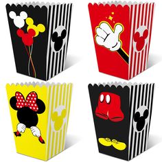 mickey mouse popcorn boxes are shown in four different colors and designs, including red, yellow, black, and white