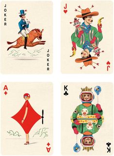 four different playing cards with the same person riding a horse and wearing a top hat