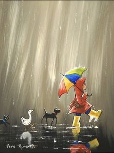 a painting of a person walking in the rain with an umbrella and some animals nearby