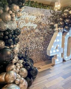 a room filled with lots of balloons next to a sign that reads happy birthday forty